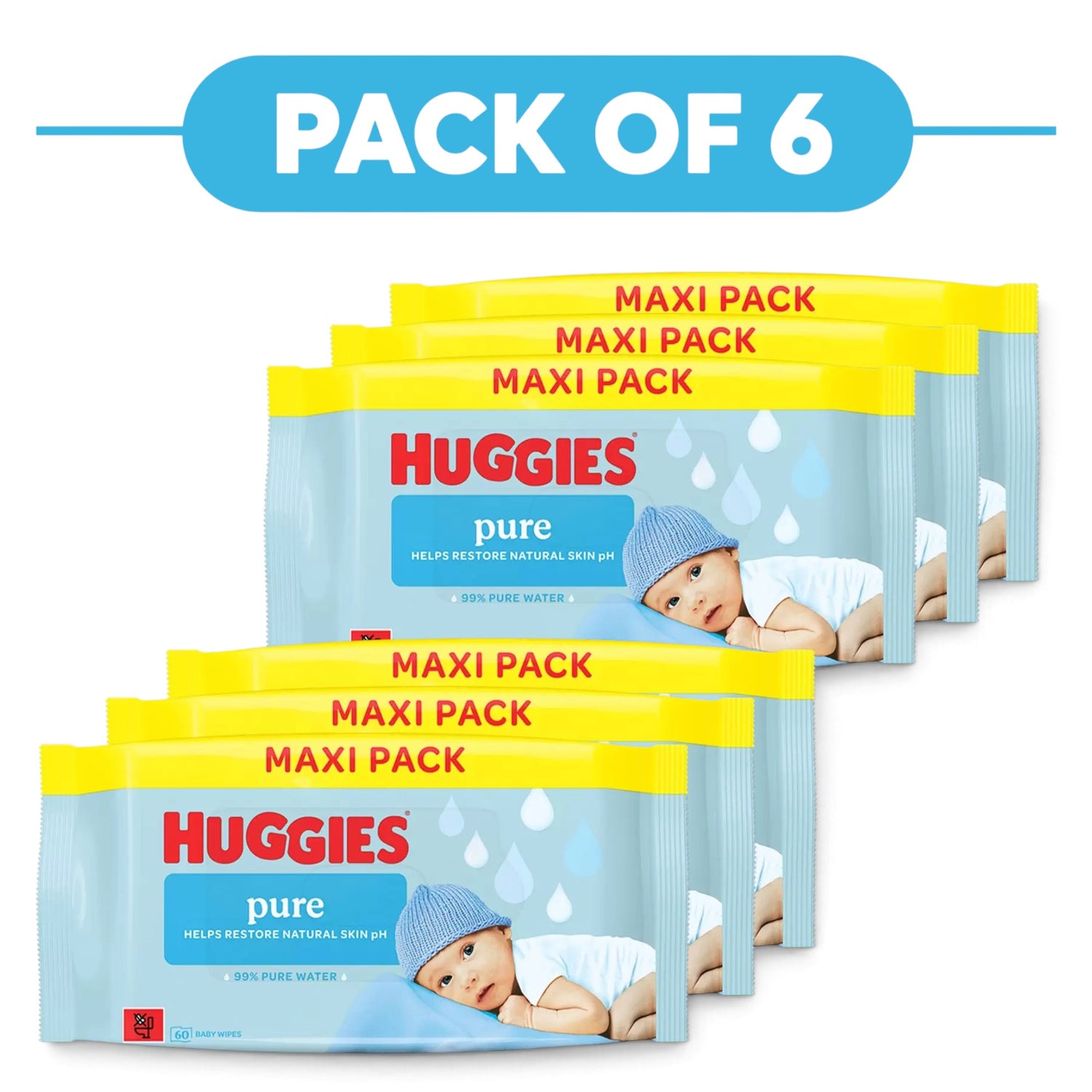Huggies Pure Baby Wipes 99% Pure Water 60 Wipes Pack of 6