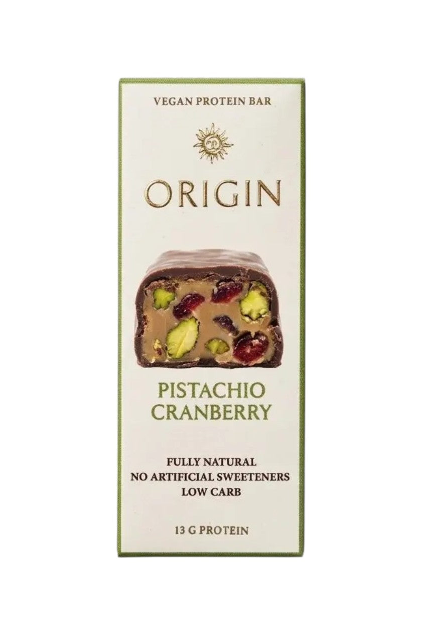 Origin Pistachio Cranberry Vegan Protein Bar 45g packaging
