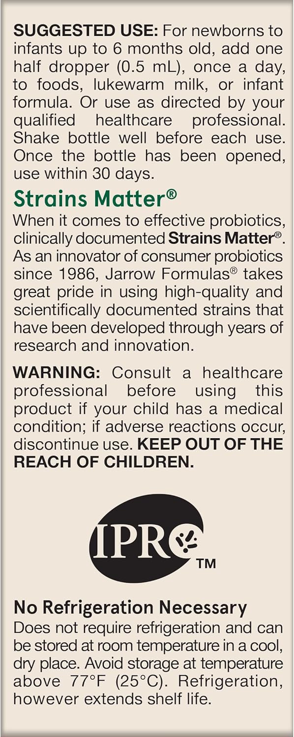 How to Use Image: Jarrow Formulas Jarro-Dophilus Infant probiotic liquid usage instructions 15ml 1 billion CFU