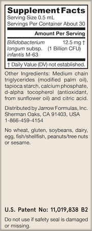 Supplement Facts Image: Jarrow Formulas Jarro-Dophilus Infant probiotic supplement facts ingredients 15ml 1 billion CFU