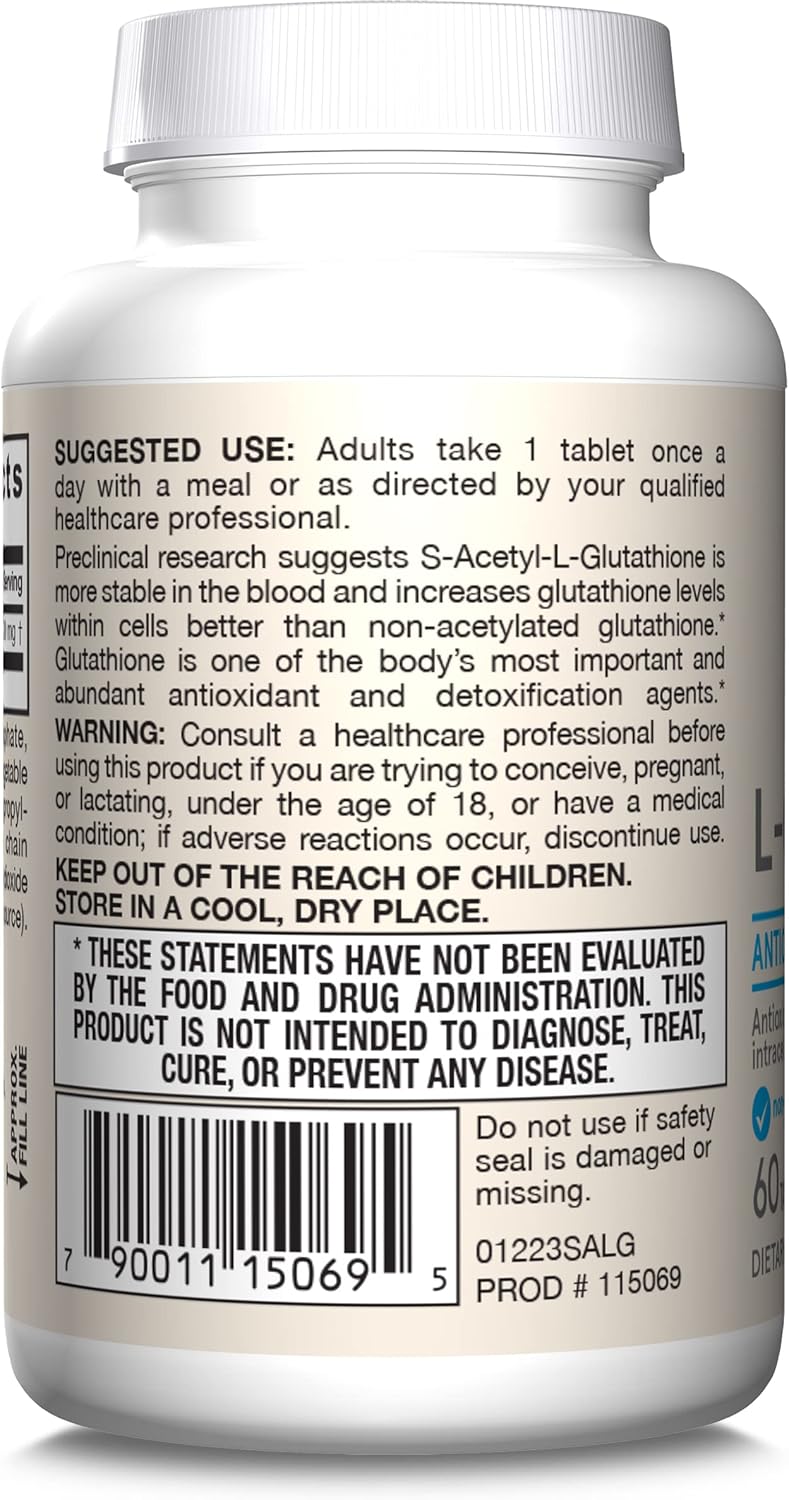 How to Use & Barcode Image: Jarrow Formulas s acetyl l glutathione 100mg tablets 60 count usage instructions with meal
