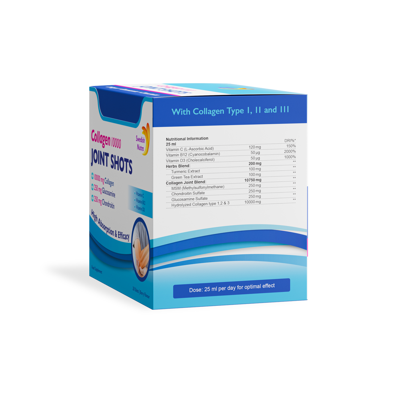 Side image: Swedish Nutra collagen joint shots 10000mg 20 x 25ml pack