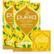 Pukka Organic Lemon Ginger Manuka Honey Herbal Tea box, 40 sachets, 34g.