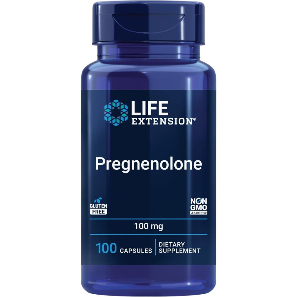 Life Extension Pregnenolone 100mg 100 capsules blue bottle packaging, no flavour, 100 capsules