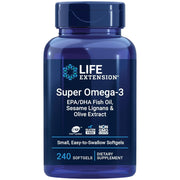 Life Extension Super Omega-3 EPA DHA Fish Oil 240 softgels blue bottle packaging, natural flavour, 240 softgels