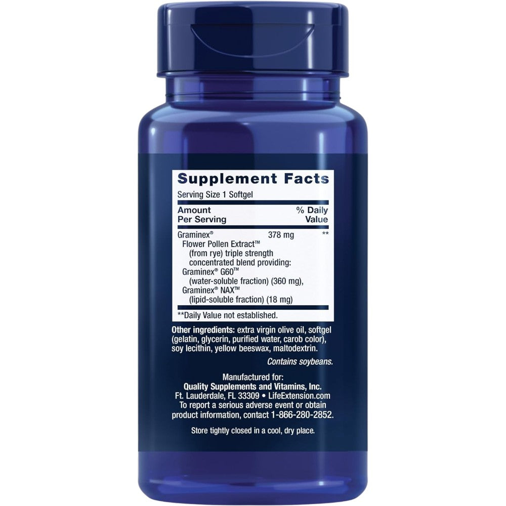 Life Extension Triple Strength ProstaPollen 30 softgels bottle packaging showing supplement facts and ingredients, no flavour, 30 softgels