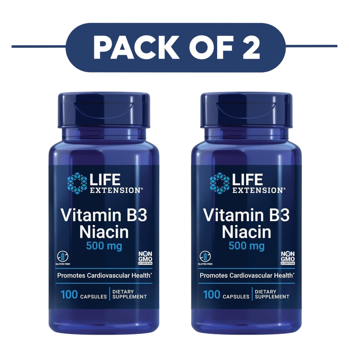 Life Extension Vitamin B3 Niacin 500mg 100 Capsules Pack of 2