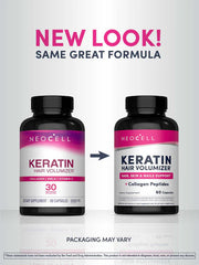 NeoCell Keratin & Collagen Capsules bottle for hair and skin support. Old & new packaging.