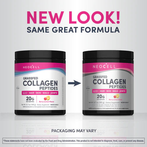 NeoCell Super Collagen Peptides Powder 190g canister, Berry Lemon flavor, on white background. Old & new packaging.