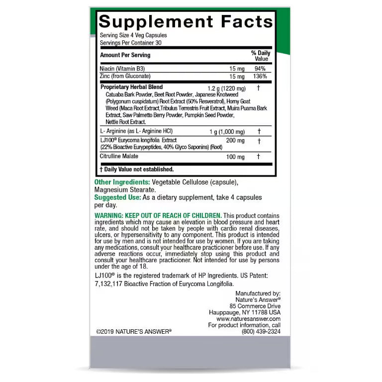 Nature’s Answer Male Complete Herbal Food Supplement 120 capsules supplement facts label