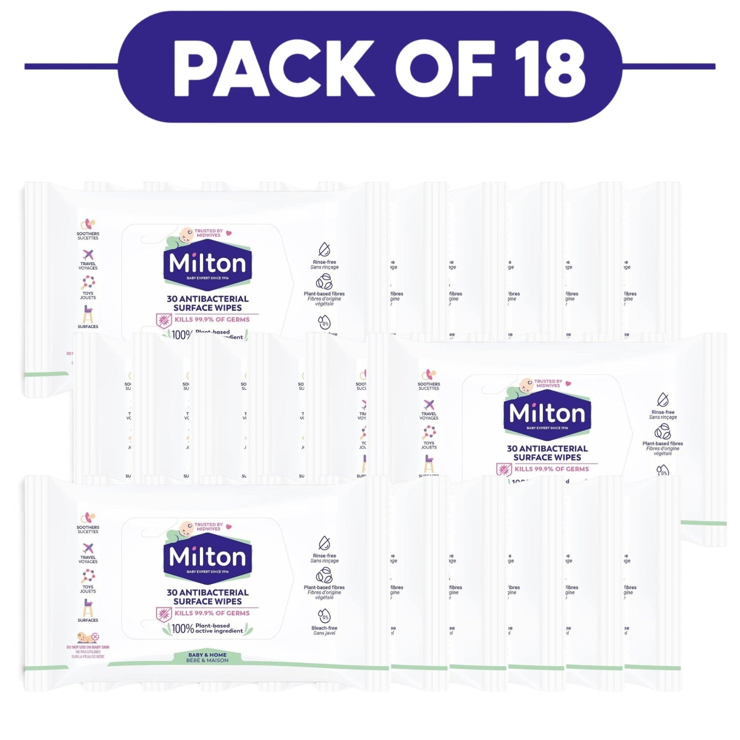 Milton Plant-Based Baby Antibacterial Surface Wipes 30 Wipes Pack of 18