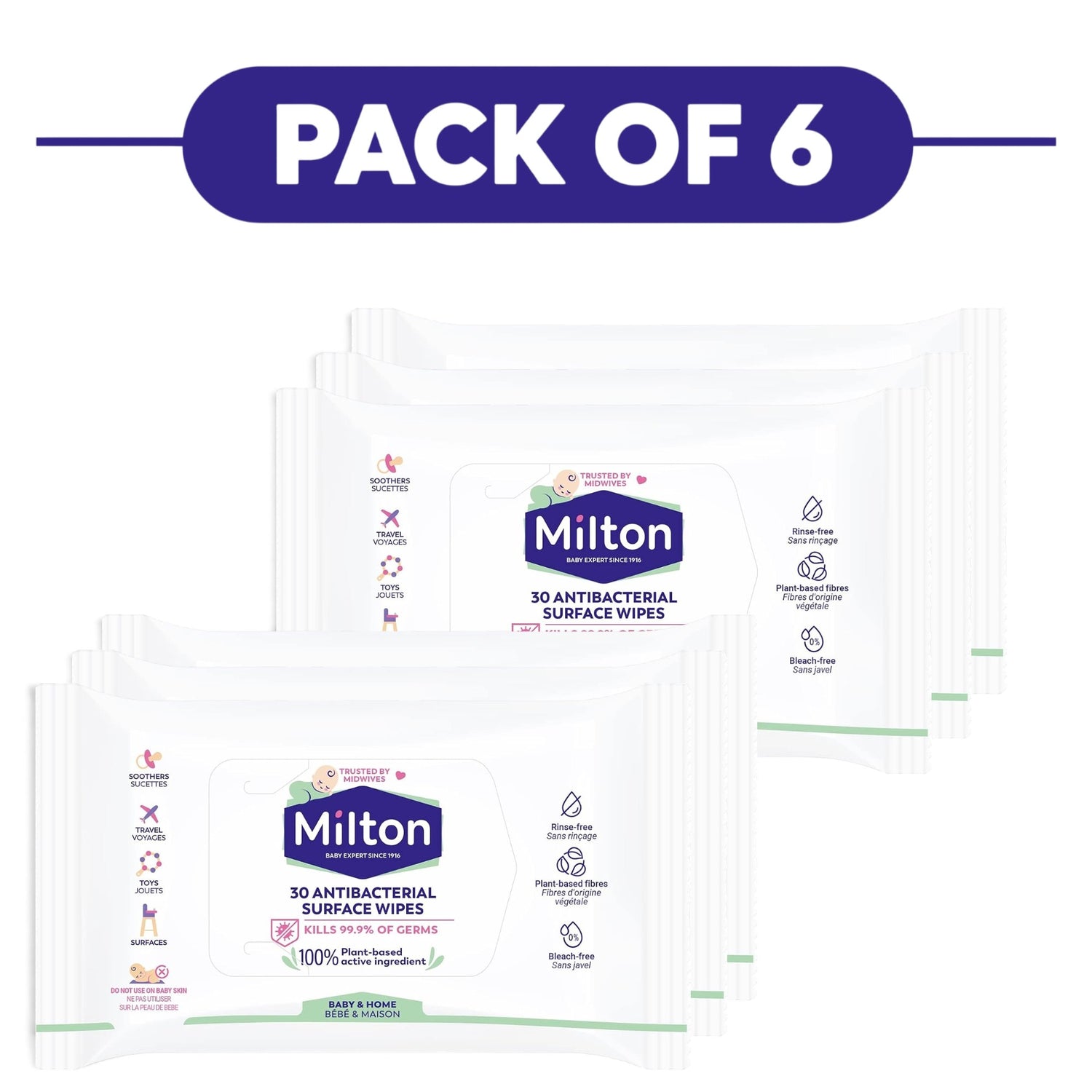 Milton Plant-Based Baby Antibacterial Surface Wipes 30 Wipes Pack of 6