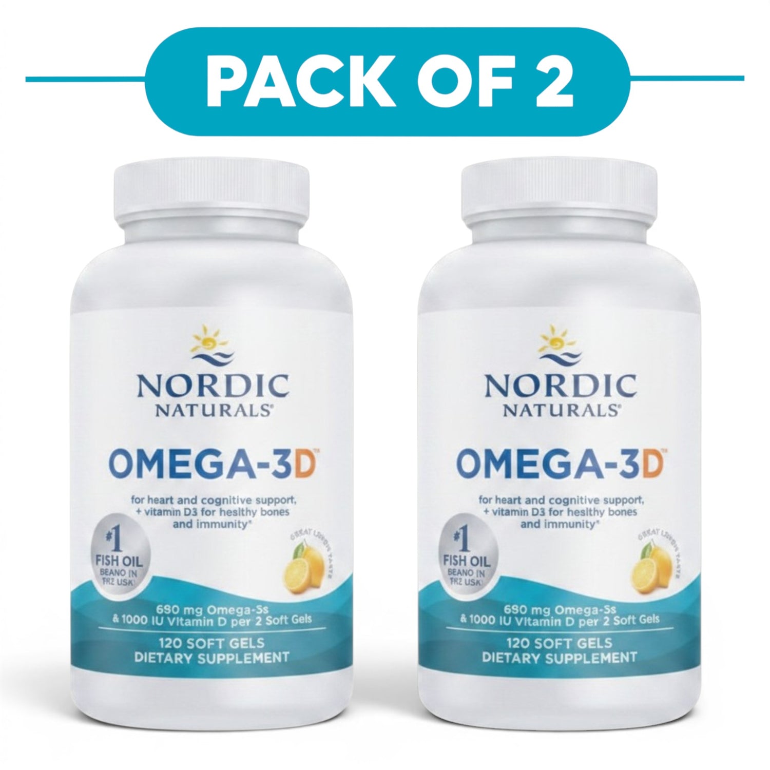Nordic Naturals Omega-3D with Vitamin D3 Lemon 120 Soft Gels Pack of 2