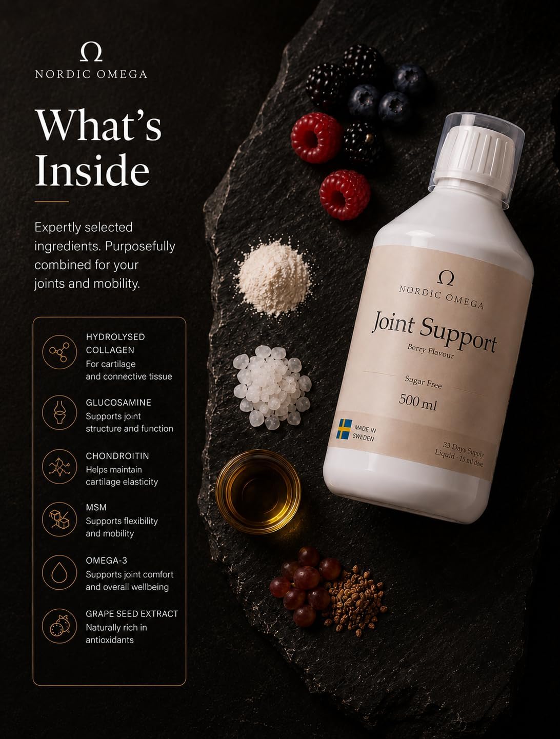 Nordic Omega Joint Support Liquid Collagen Sugar Free Berry Flavour 500ml supplement facts and ingredients