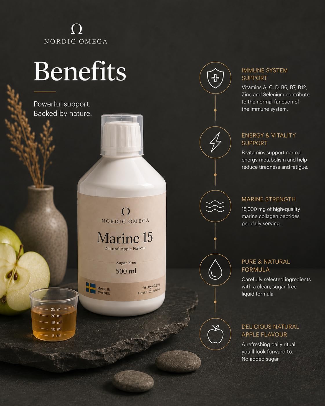 Nordic Omega Marine Collagen 15 Sugar Free Natural Apple Flavour 500ml supplement facts and ingredients