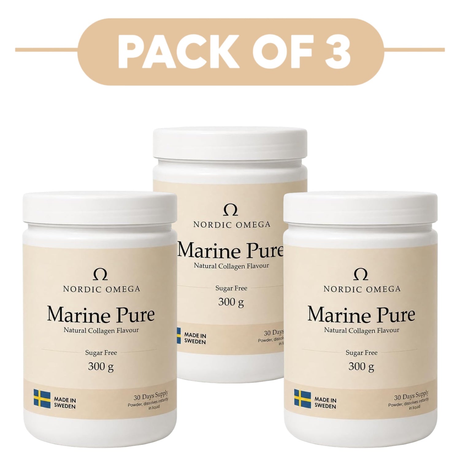 Nordic Omega Marine Pure Collagen Powder Sugar Free 300g Pack of 3