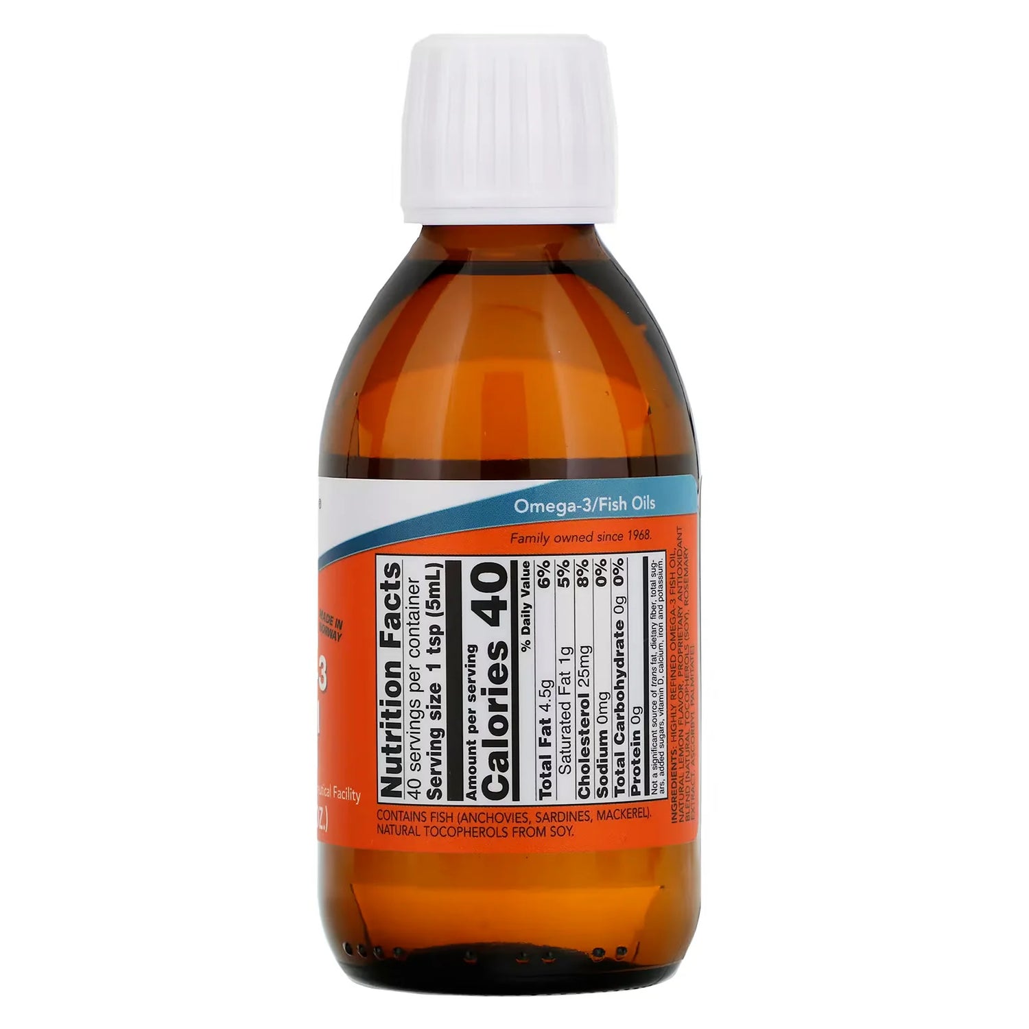NOW Foods Omega-3 Fish Oil Liquid Lemon Flavour with EPA and DHA 200 mL Supplement Facts label with omega-3 content details