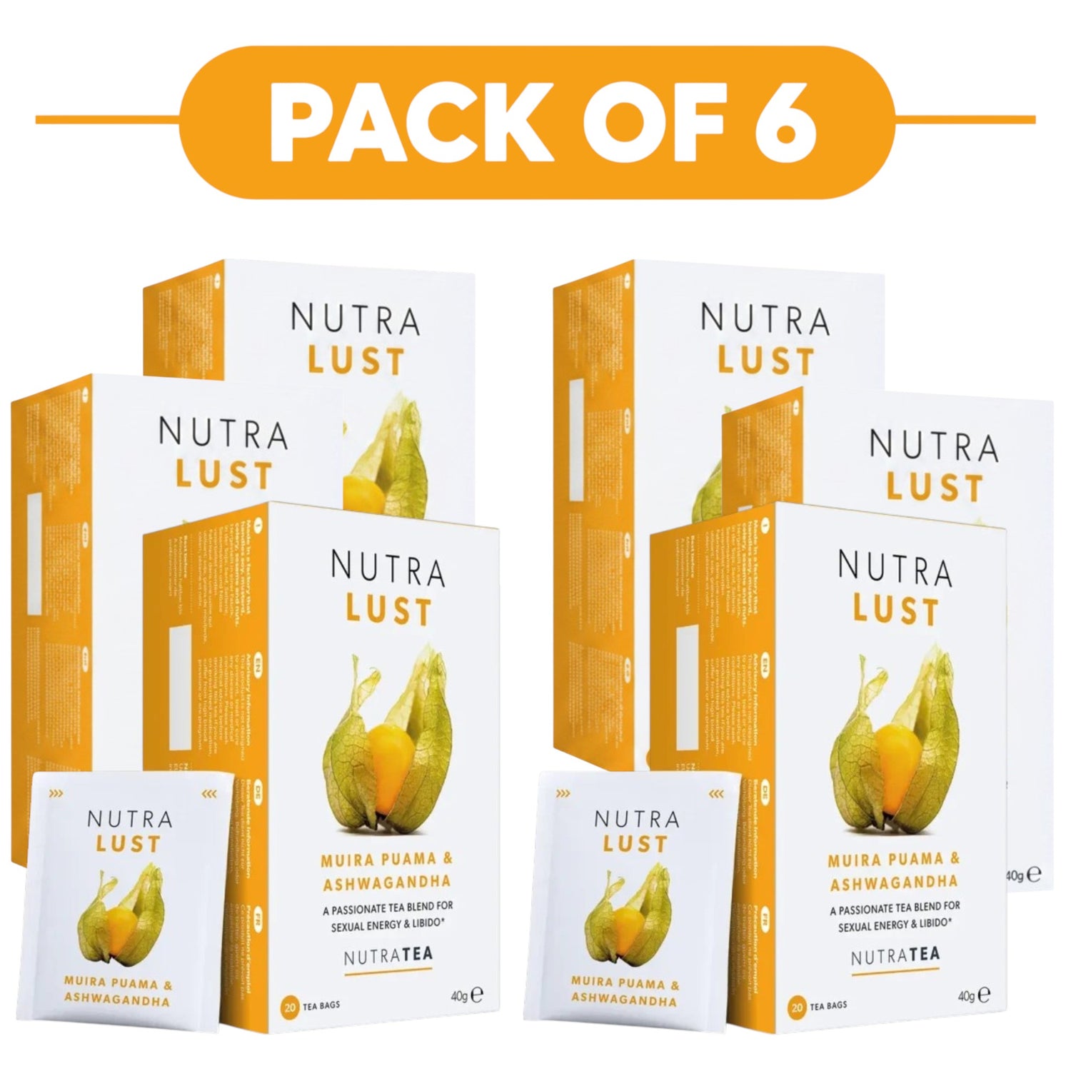 NutraTea NutraLust Muira Puama & Ashwagandha Herbal Tea 20 Tea Bags Pack of 6