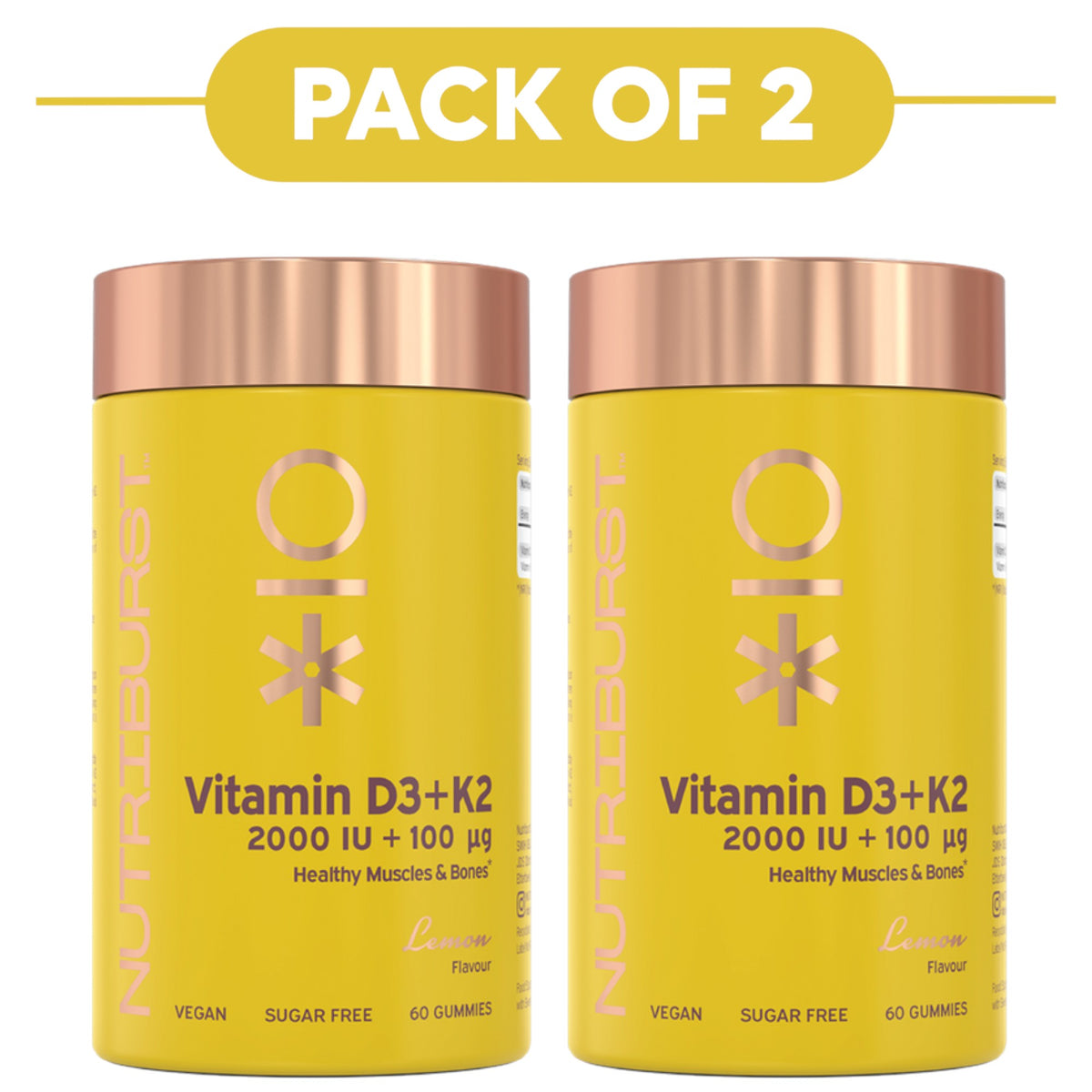 Two yellow NutriLburst Vitamin D3+K2 gummy bottles with metallic rose gold caps, shown side by side under a yellow 'PACK OF 2' banner on a white background.