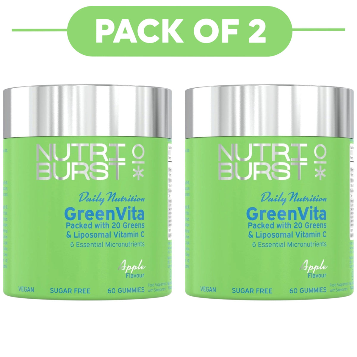 Nutriburst GreenVita 20 Greens Apple Gummies 60 Count Pack of 2