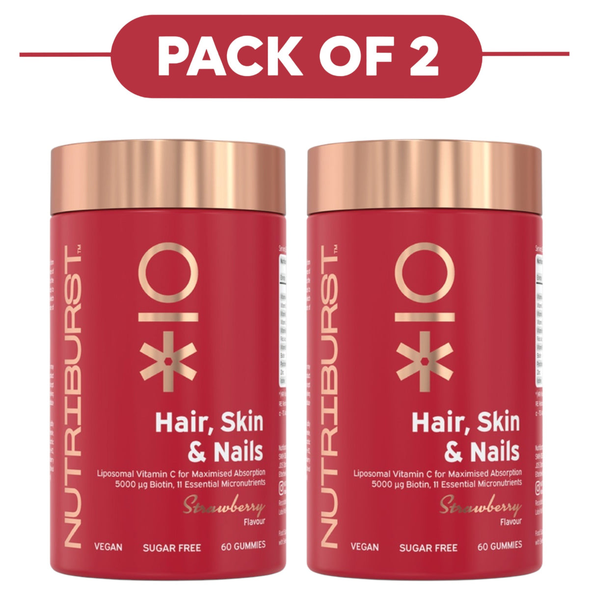 Two red Nutriburst Strawberry Powder gummy bottles side by side with a red banner at the top reading 'PACK OF 2'. The bottles have metallic rose gold caps and gold branding on the front.