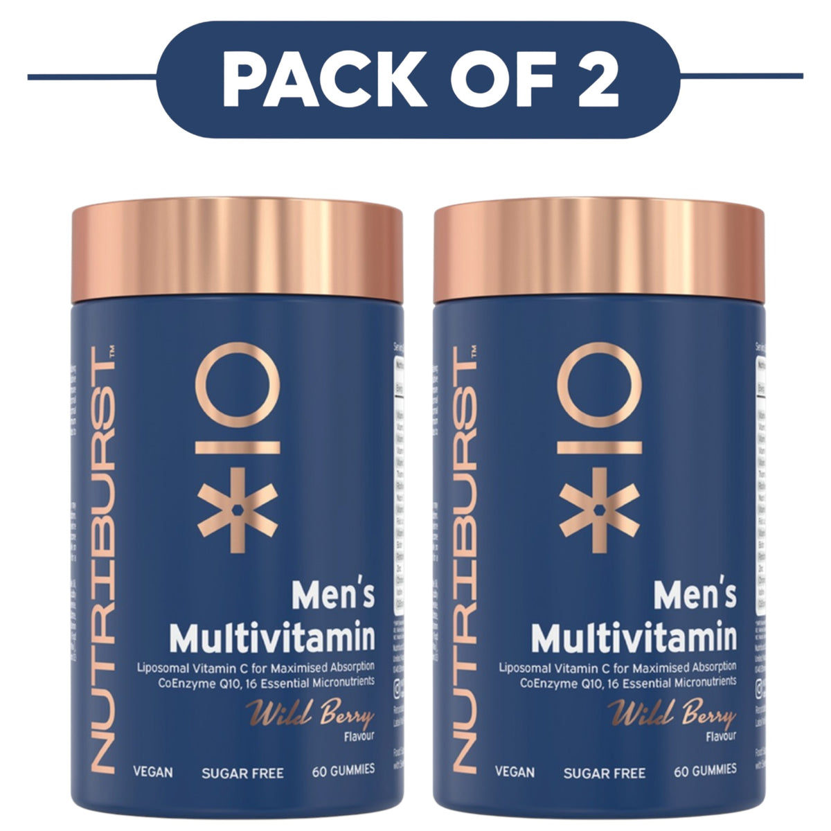 Two bottles of Nutriburst Men's Multivitamin gummies shown side by side under a 'PACK OF 2' banner. The bottles are dark blue with metallic rose gold caps and labels, featuring the Nutriburst brand logo and Wild Berry flavor text.