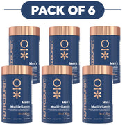 Six blue Nutrburst Men's Multivitamin bottles arranged in two rows beneath a dark blue banner that reads 'PACK OF 6'. The bottles have metallic rose-gold caps and labels with white and gold text.
