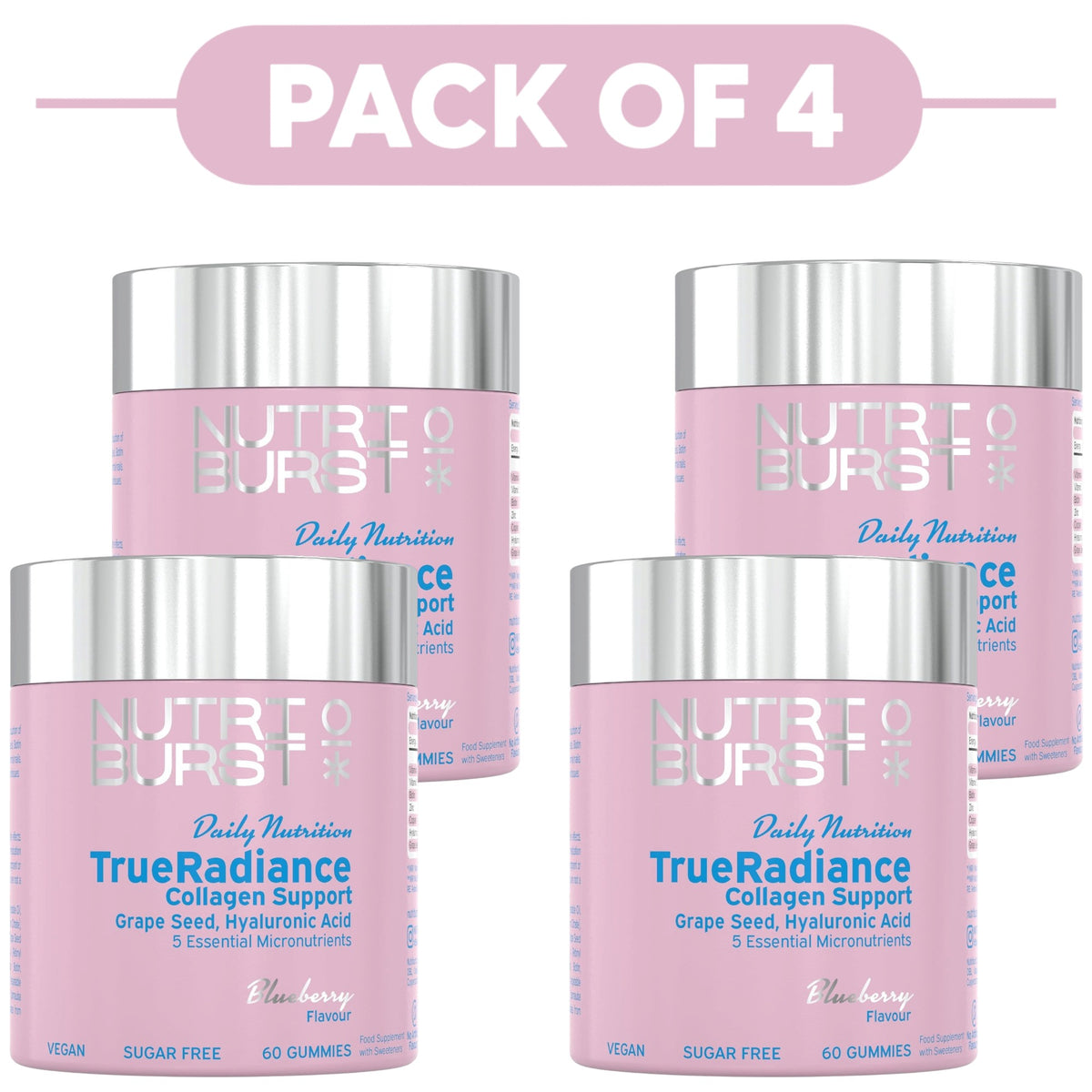 Four pink NutriBoost TrueRadiance Collagen Support gummy bottles arranged in a 2x2 grid with a pink banner at the top reading 'PACK OF 4'.