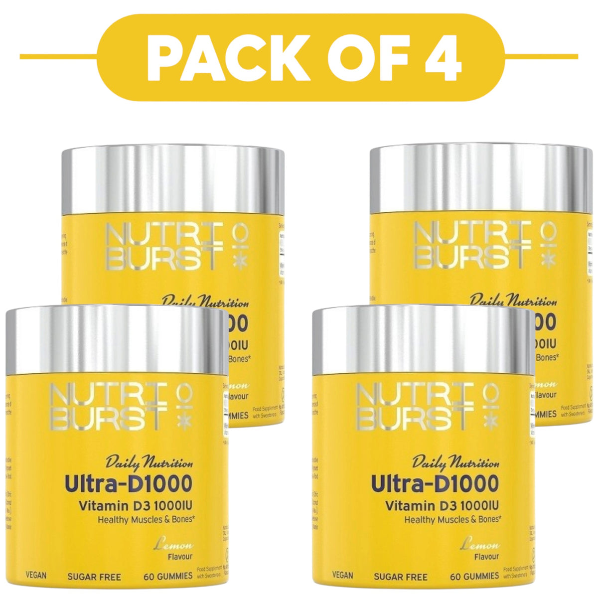 Four yellow NutriBoost Ultra-D1000 Vitamin D3 1000U gummy bottles arranged in a 2x2 grid on a white background, with a yellow 'PACK OF 4' banner at the top.