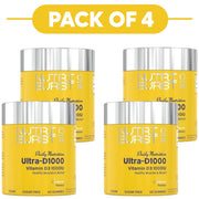 Four yellow NutriBoost Ultra-D1000 Vitamin D3 1000U gummy bottles arranged in a 2x2 grid on a white background, with a yellow 'PACK OF 4' banner at the top.