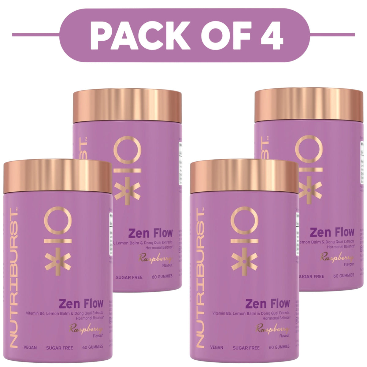 Four purple Nutriburst Zen Flow raspberry gummies jars with rose gold lids, arranged in a pack of 4 layout on a white background with a purple 'PACK OF 4' banner at the top.