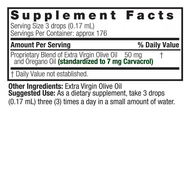 Nature’s Answer Oil of Oregano Leaf Alcohol-Free Liquid Extract 30ml supplement facts label