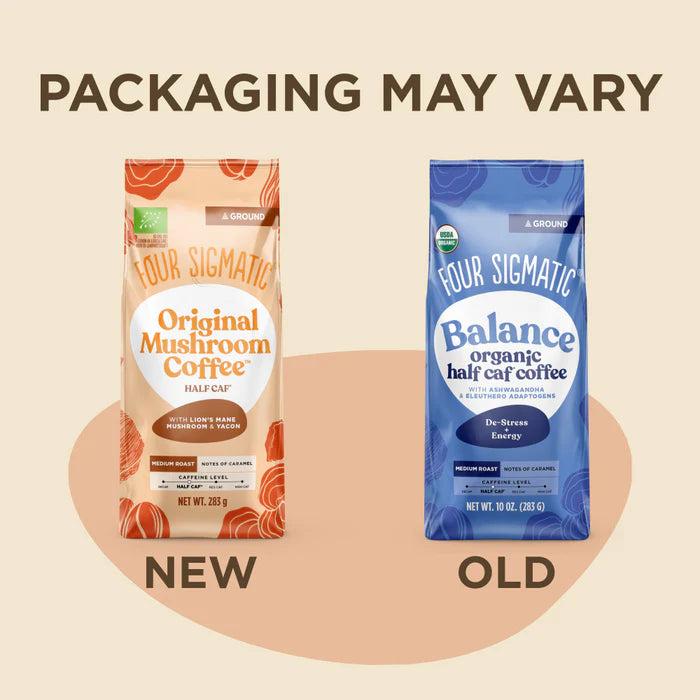 Four Sigmatic Original Mushroom Half Caf Ground Coffee - 283g. Packaging may vary.