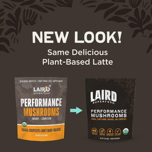 Laird Superfood Organic Performance Mushroom Blend – 90g. Old & new packaging.