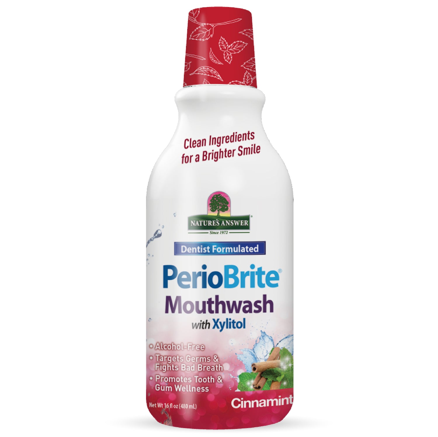 Nature’s Answer PerioBrite Cinnamint mouthwash alcohol-free fluoride-free 480ml bottle front label