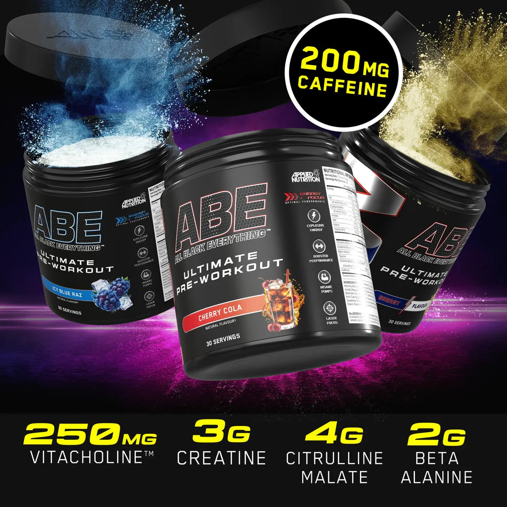 Abe Ultimate Pre-Workout supplement containers with ingredient details on a dark background