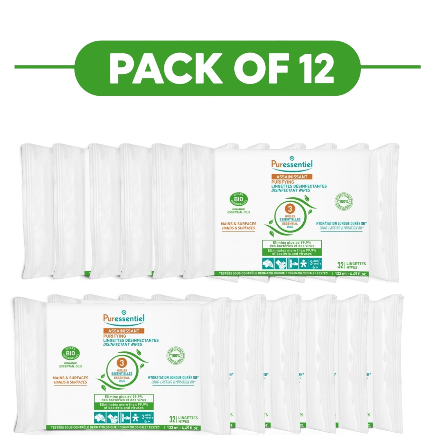 Puressentiel Purifying Disinfectant Wipes Hands Surfaces 32 Pack of 12