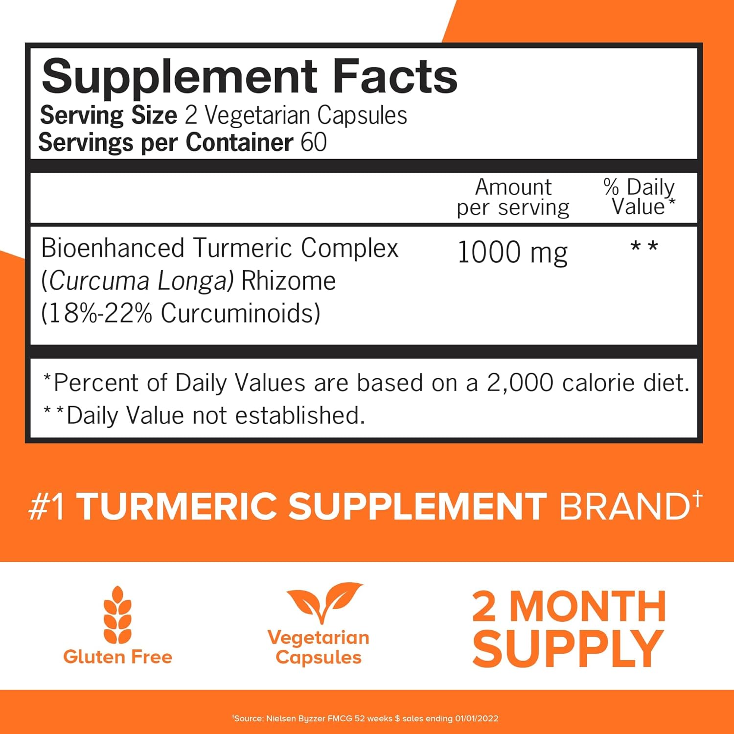Supplement facts & ingredients image: Qunol Turmeric Curcumin complex supplement facts 1000mg ingredients 120 count