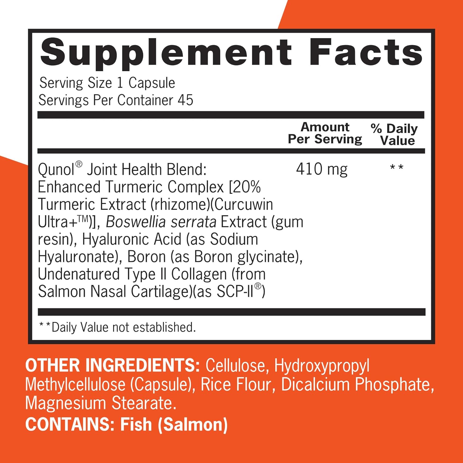 Supplement facts & ingredients image: Qunol Joint Health Turmeric boswellia collagen supplement facts 30 count