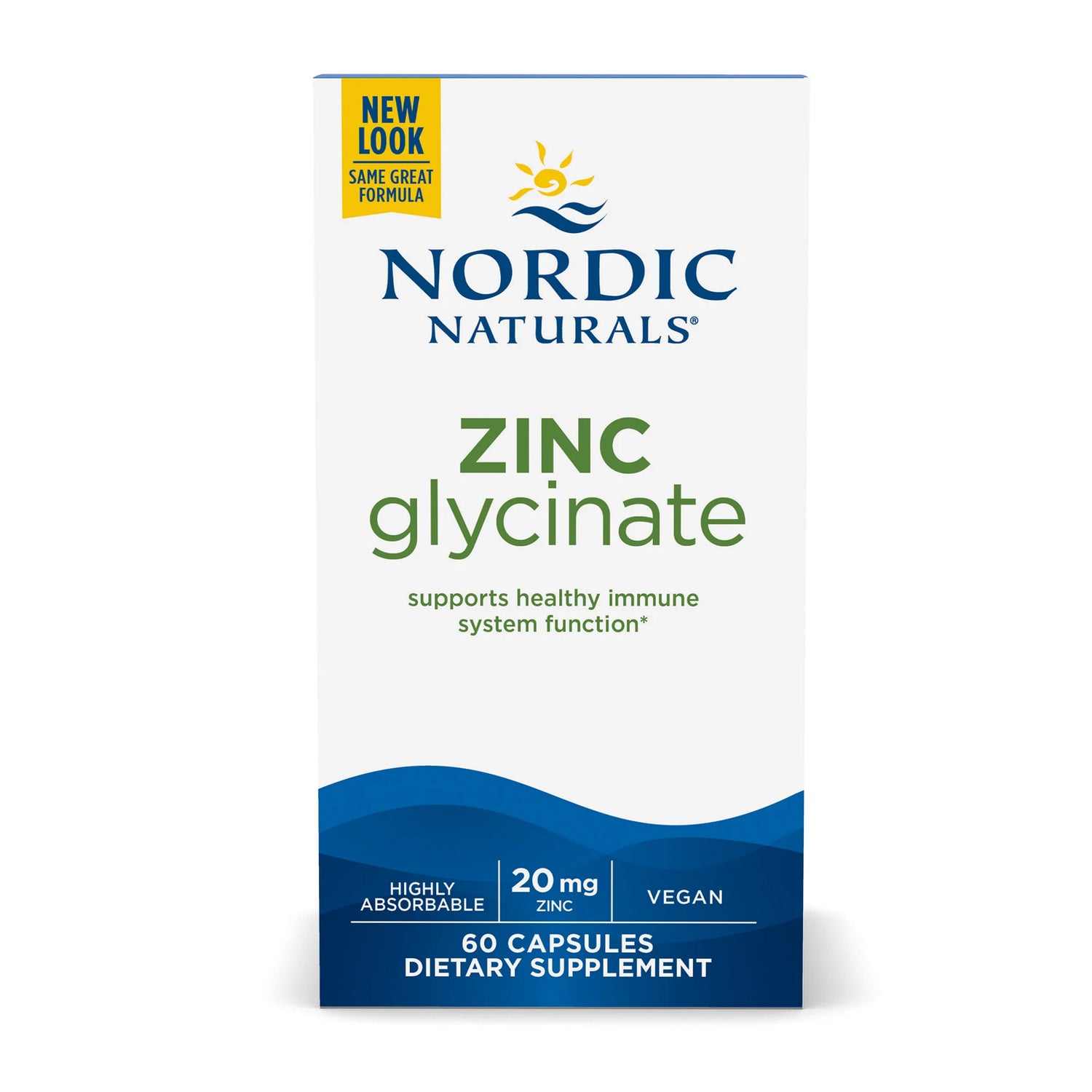 Nordic Naturals Zinc Glycinate 20mg, 60 vegan capsule box.