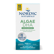 Nordic Naturals Algae Omega 500mg vegan softgel  box - 60 count on white background.