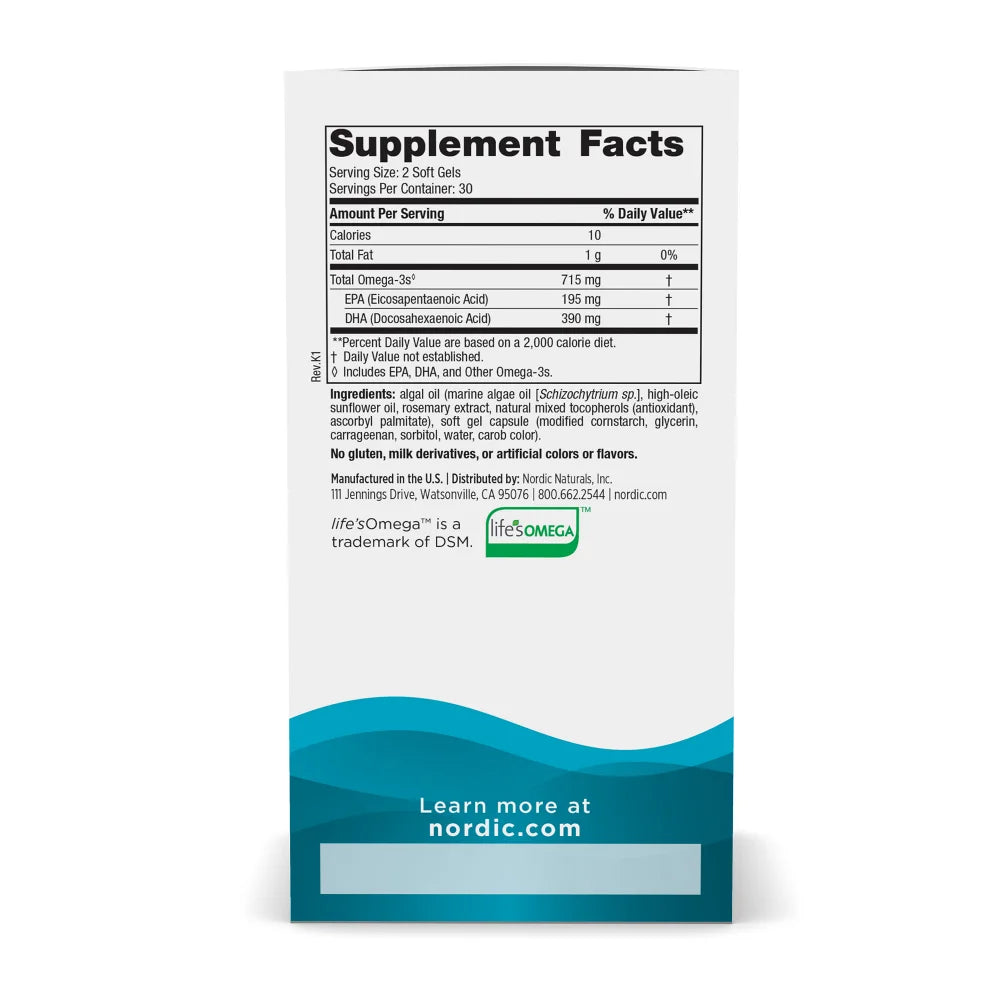  Supplement facts label for Nordic Naturals vegan Algae Omega softgels.
