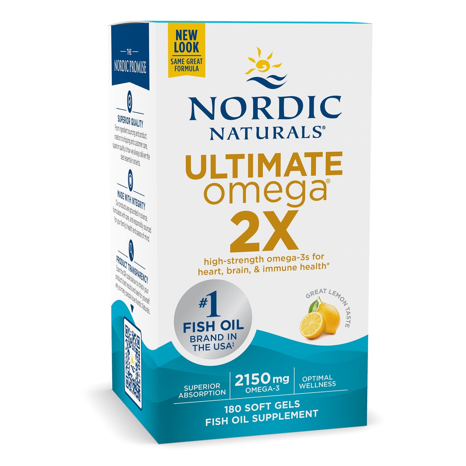 Front of Nordic Naturals Ultimate Omega 2X Omega-3 box, lemon flavour, 180 softgels.