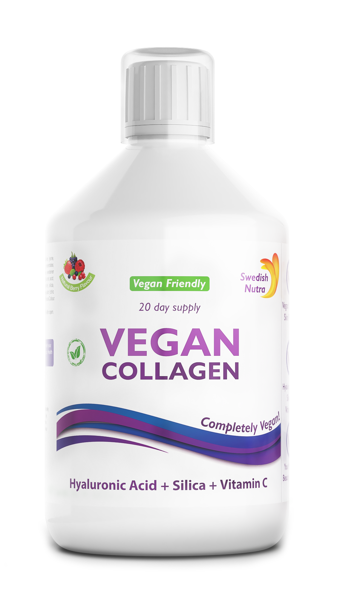 Front image: Swedish Nutra vegan collagen liquid berry flavour 500ml bottle