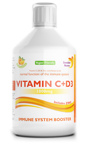 Bottle of Vitamin C+D3 supplement on a white background