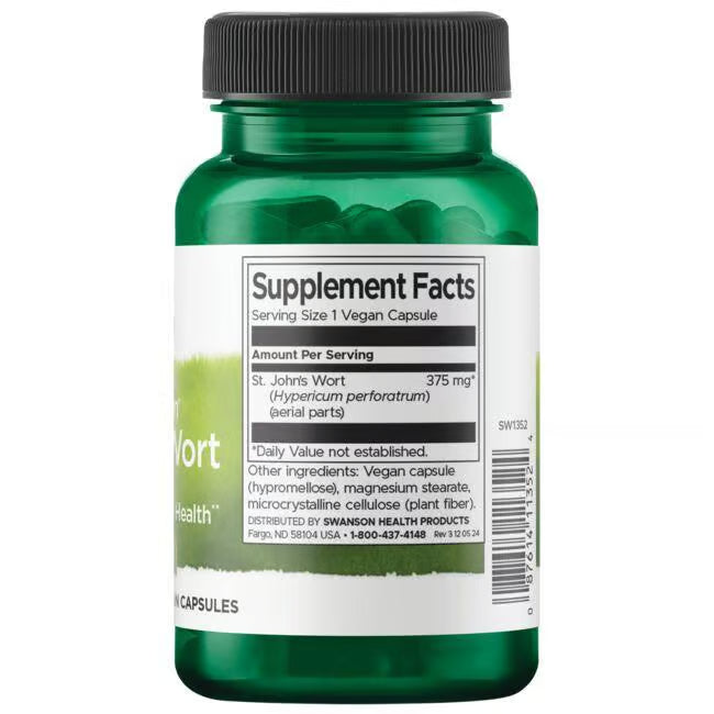 Swanson St. John's Wort Herb 375 mg - 60 Vegan Capsules Supplement facts label for St. John's Wort botanical showing ingredient source.