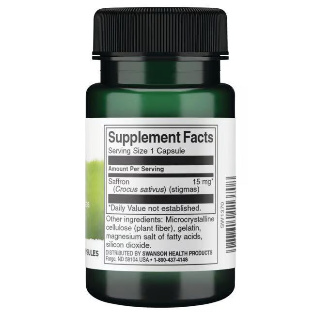 Swanson Full Spectrum Saffron 15mg 60 Capsules Pack of 2 bottle showing supplement facts.