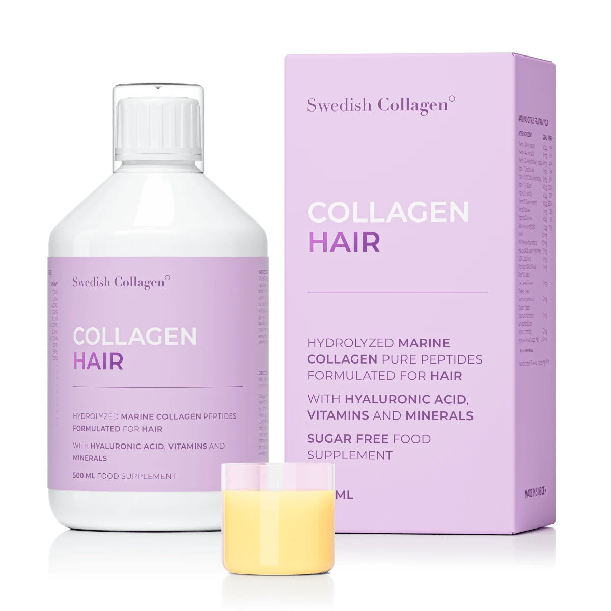 Swedish Collagen Hair liquid bottle citrus flavour sugar free 500ml with dosage