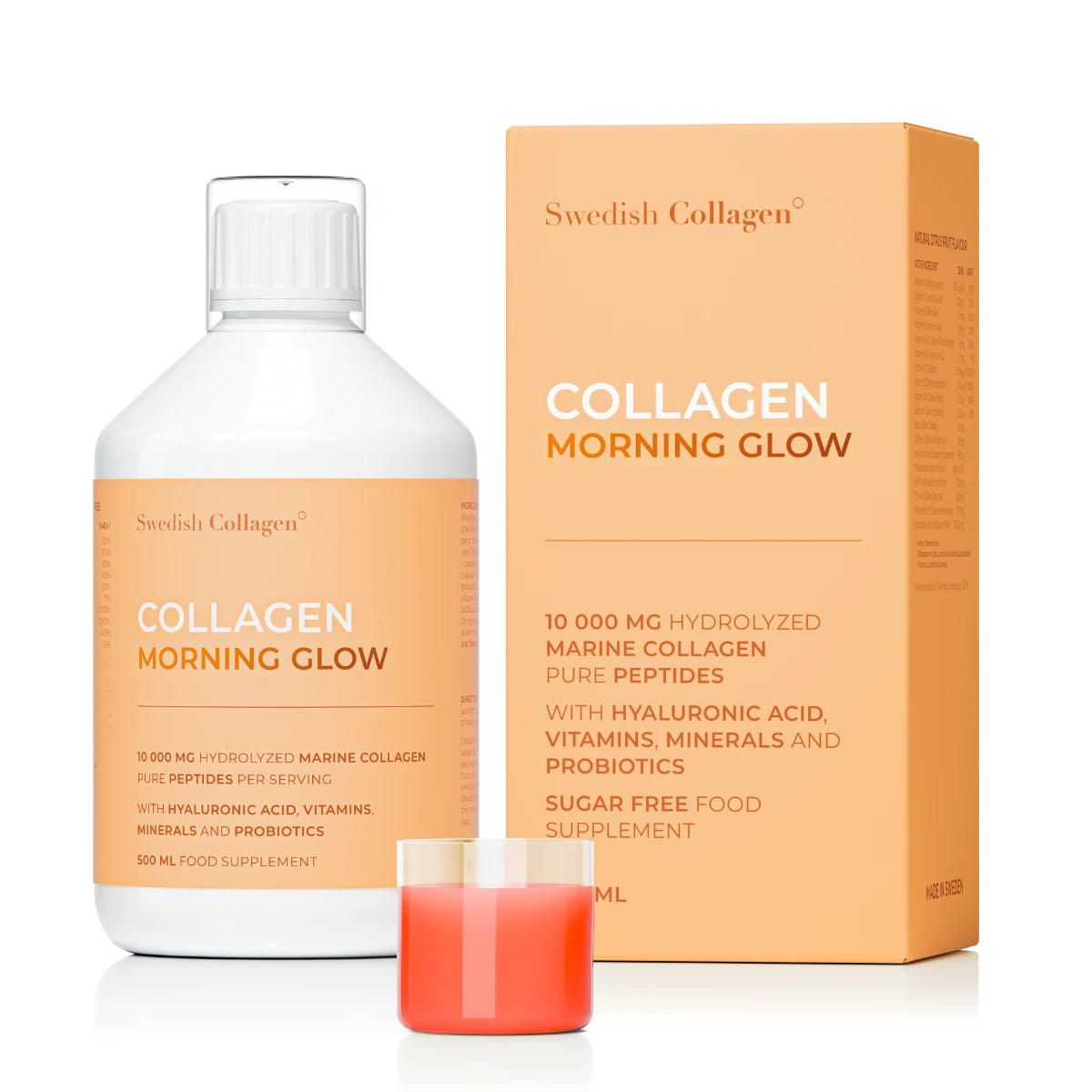 Swedish Collagen Morning Glow liquid bottle fruity flavour sugar free 500ml with dosage