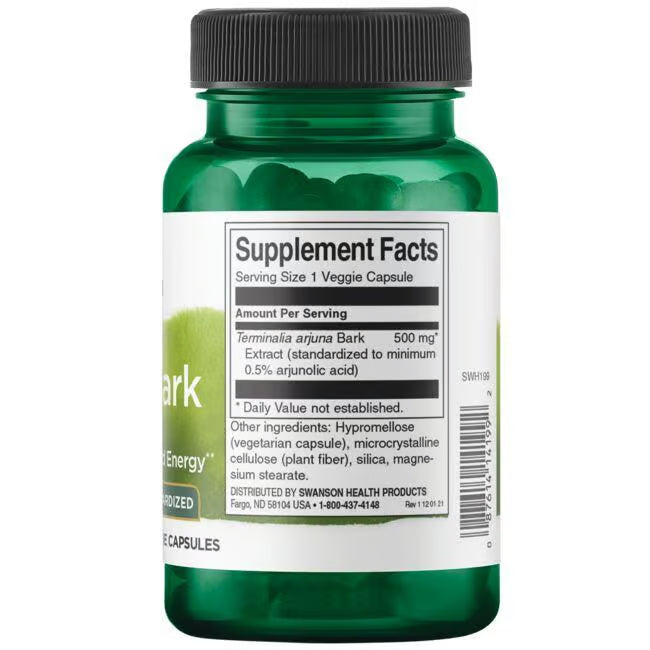 Back: Supplement facts label for standardized Swanson Arjuna Bark Standardized 500mg 60 Veggie Capsules